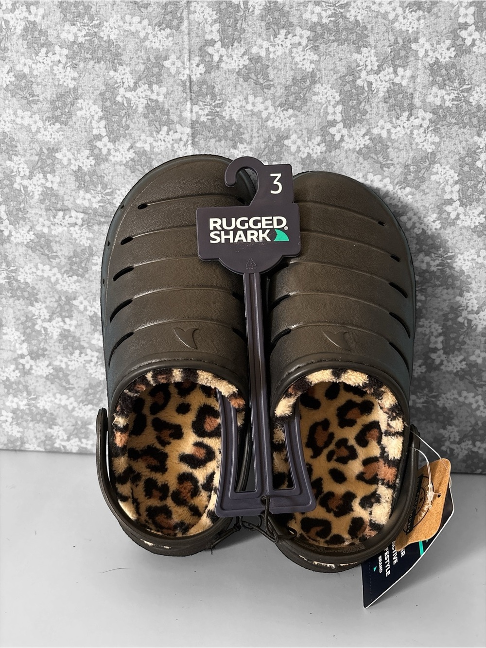 Rugged Shark Kids Olive Green Slip-On Sandals with Leopard Lining
